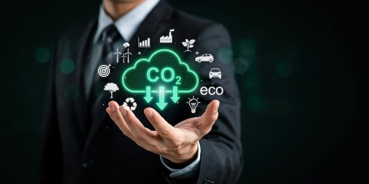 Businessman presenting digital interface with CO2 emission reduction cloud and eco-friendly icons on dark background.