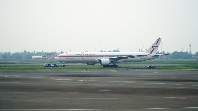 Classic Garuda Indonesia aircraft with special livery Republik Indonesia Boeing 777 on June 4, 2026 in Soekarno-Hatta Interational Airport, Jakarta, Indonesia.