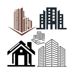 Obraz premium Grayscale Urban City Skyline Real Estate Icons Set for Corporate Property Branding