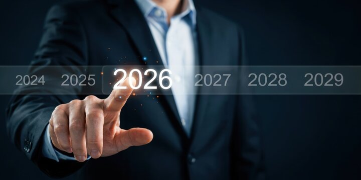 Business executive selecting year 2026 on virtual timeline display for future strategic planning and long term corporate development.