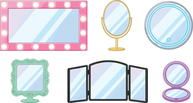 Vanity makeup mirrors vector illustration collection featuring pink Hollywood light bulb frame table stand mirror neon ring light tri fold glass and compact pocket mirror.