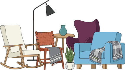 Fototapeta premium Living room furniture vector scene featuring comfortable rocking chair blue armchair woven wood seat purple wingback sofa floor lamp side table and potted snake plant.