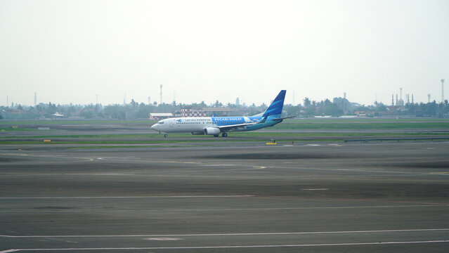 Garuda Indonesia narrow-body passenger plane Boeing 787 on the airfield on June 4, 2026 in Soekarno-Hatta Interational Airport, Jakarta, Indonesia.