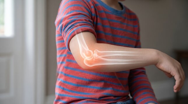 Close up view of a child's arm with glowing bones and highlighted elbow joint indicating potential injury or medical condition human body anatomy health pain inflammation skeletal radiology