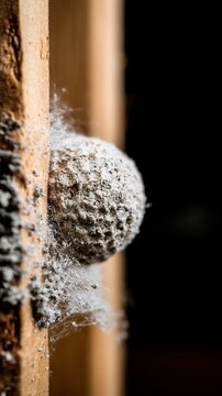 detailed macro view of  spider egg sac attached to  textured wooden surface in  dark environment