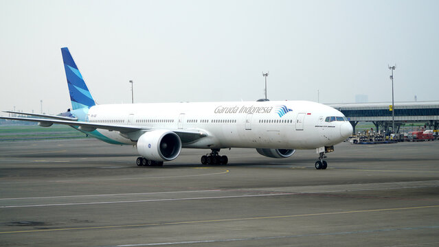 Garuda Indonesia wide-body aircraft Boeing 777 taxiing on the runway on June 4, 2026 in Soekarno-Hatta Interational Airport, Jakarta, Indonesia.