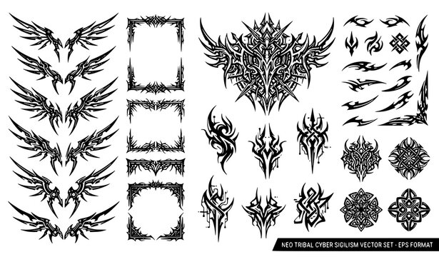 Neo Tribal Cyber Sigilism Vector Set with Gothic Wings and Abstract Symbols