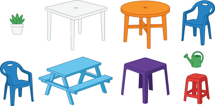 Plastic garden furniture vector set featuring white square table orange round desk blue picnic bench armchairs purple side table red stool and small watering can.