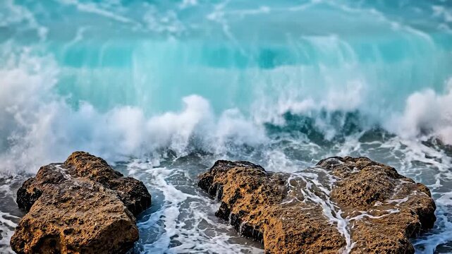 Powerful ocean waves crash against rugged coastal rocks in a dynamic display