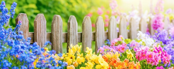 Fototapeta premium Rustic wooden picket fence surrounded by vibrant blooming spring flowers in sunlit garden