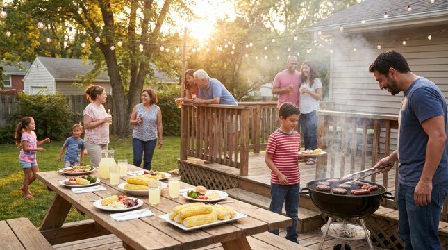 Family Backyard BBQ Sunset Multi-Generational Grilling Dinner Summer Celebration Concept