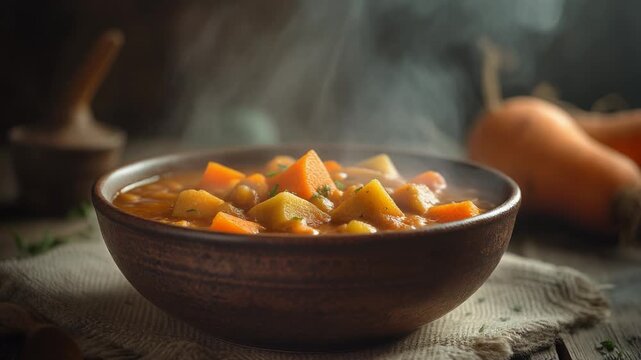 A steaming bowl of hearty vegetable stew, featuring potatoes, carrots, and beans, served in a rustic earthenware dish.