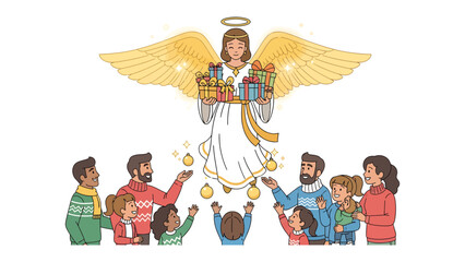 Obraz premium Angel Bestows Gifts: A radiant angel with golden wings and a halo showers a diverse group of happy children and adults with Christmas presents and ornaments, bringing holiday cheer.