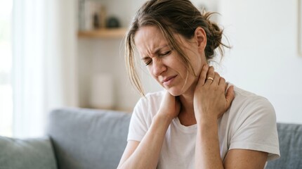 Naklejka premium Woman with closed eyes and wrinkled forehead massages her painful neck with her hands experiencing discomfort and strain while sitting on a couch at home neck pain injury ache headache