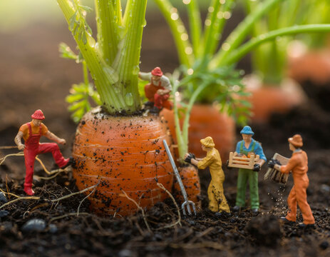  Peque&ntilde;os agricultores limpian y recolectan zanahorias frescas directamente de la tierra.
