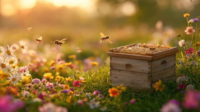 Honey bees flying over  wooden beehive placed in  vibrant field of blooming spring wildflowers