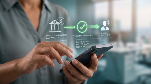 Woman using smartphone for secure biometric payment verification, digital banking transaction from First National Bank to recipient