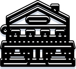 Naklejka premium Government building featuring classic architectural style with columns and a pediment, symbolizing finance, law, stability, and public services in a black and white outlined icon design