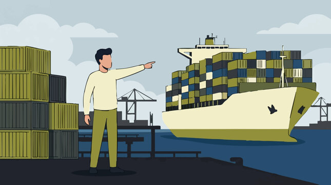Logistics worker pointing at large cargo ship loaded with containers at port