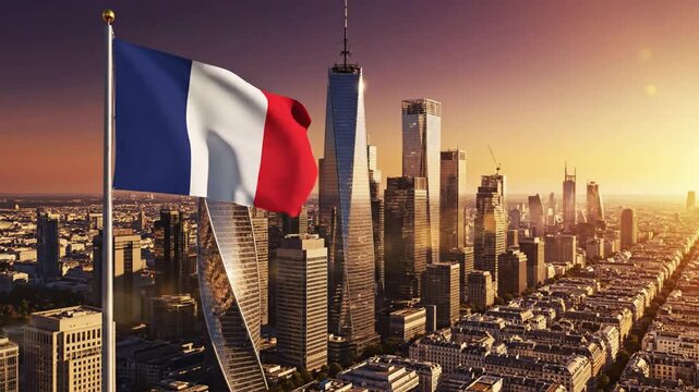 French flag waving over modern paris cityscape at sunset, aerial view of financial district skyscrapers and urban skyline