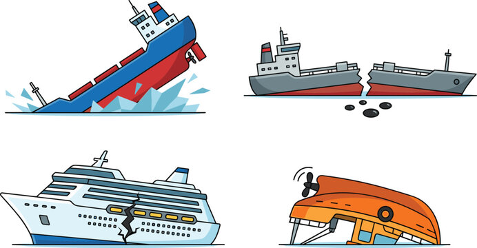 Shipwreck and maritime disaster vector set featuring sinking cargo ship ice collision broken oil tanker spilling crude leaking cruise liner and capsized lifeboat.