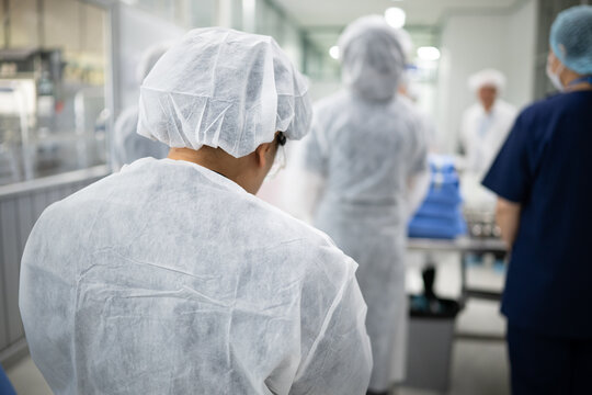 Inspector team investigate infection danger dirty area.Infection control team breve employee for dirty and danger tool after surgery in hospital.Contamination and people cleaning with PPE disinfection