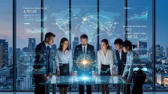 Corporate business team analyzing global trade volume data on interactive table, secure network nodes and market growth index charts