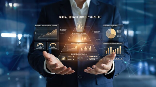 Global growth strategy pyramid dashboard displaying predictive revenue trends and market share charts held by executive for core metrics overview and resource allocation