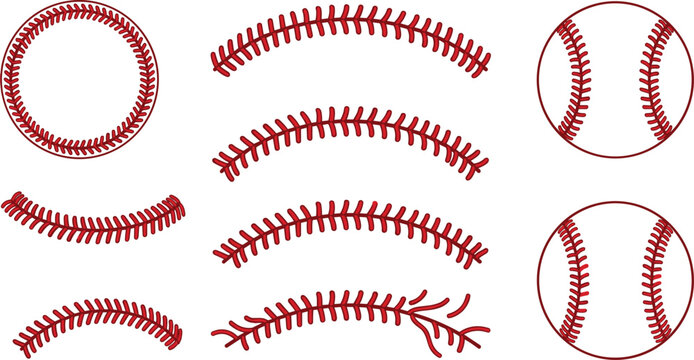 Baseball stitches and balls vector collection featuring red seam laces in round circular frame arc curved lines and classic ball graphics for sports print designs.
