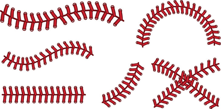 Baseball stitches vector collection featuring red ball lace threads in wavy curved straight arc and cross patterns for sports clothing prints and decorative designs.