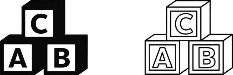 Black and White Outline Icons of ABC Building Blocks Stacked ABC blocks alphabet blocks © MdMirajul