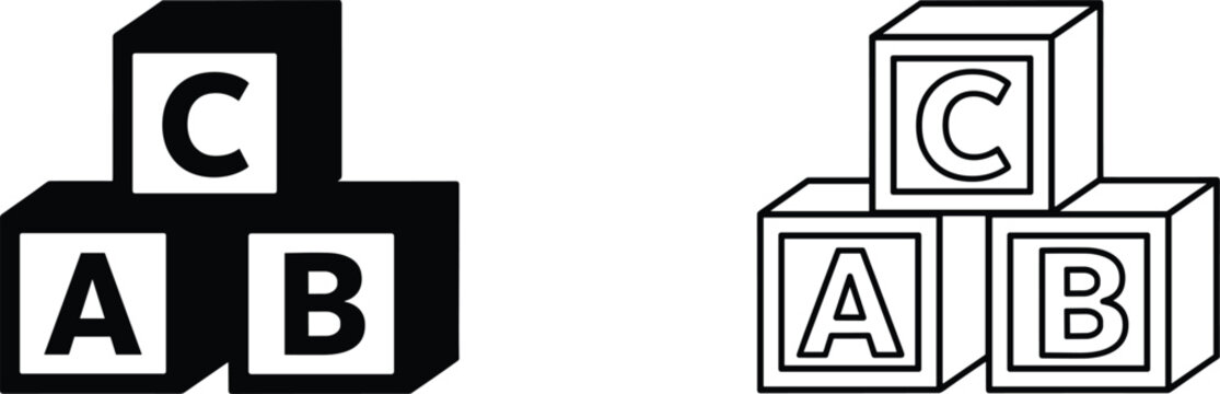 Black and White Outline Icons of ABC Building Blocks Stacked ABC blocks alphabet blocks