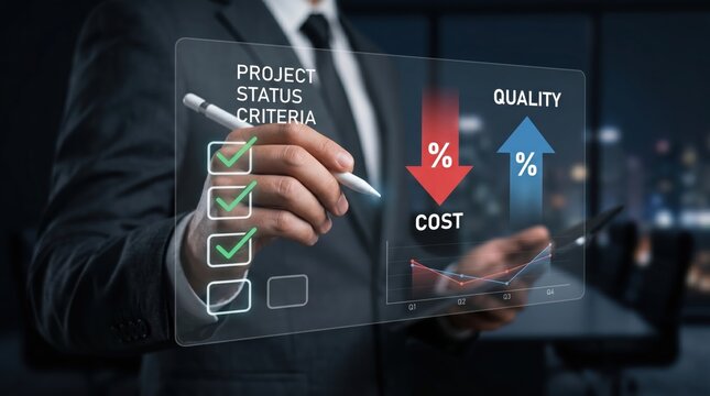 Business executive analyzing project status criteria on holographic display, cost reduction and quality improvement metrics, corporate performance dashboard