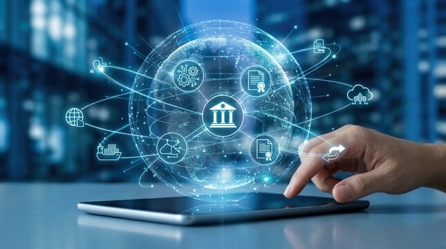 Digital hologram of global finance and banking, hand using tablet to manage international business data, cloud computing network connection concept.