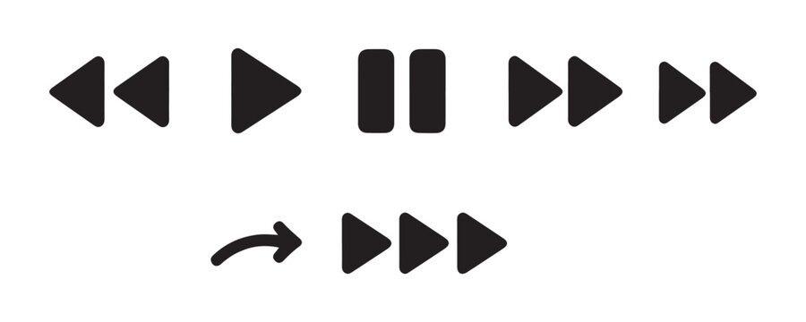 Black media player buttons including skip back play pause skip forward fast forward and previous.