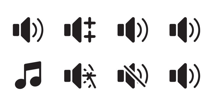 Speaker volume icon set for multimedia applications and audio interface design elements on checkered.