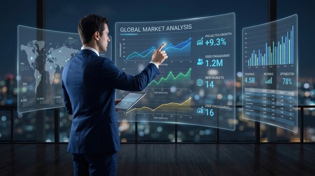 Businessman analyzing global market data on futuristic holographic screens, financial growth charts, corporate strategy planning, economic trends