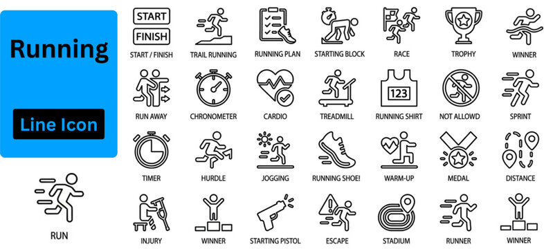 Line art vector of Running icon set. Running outline icon set. Running and jogging outline icon set with fitness tracking race elements and editable stroke vector collection