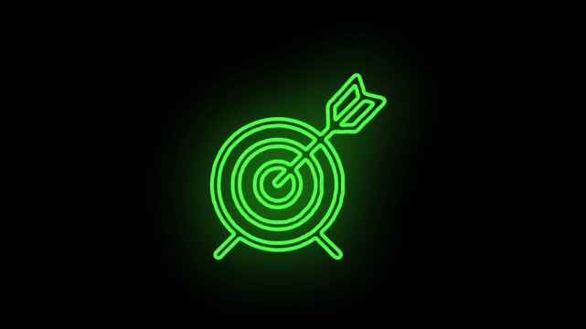 Green Neon Target with Arrow Glow Icon on Black Background - Business Goal Achievement Success Symbol Motion Graphic - Marketing Strategy Focus Line Animation