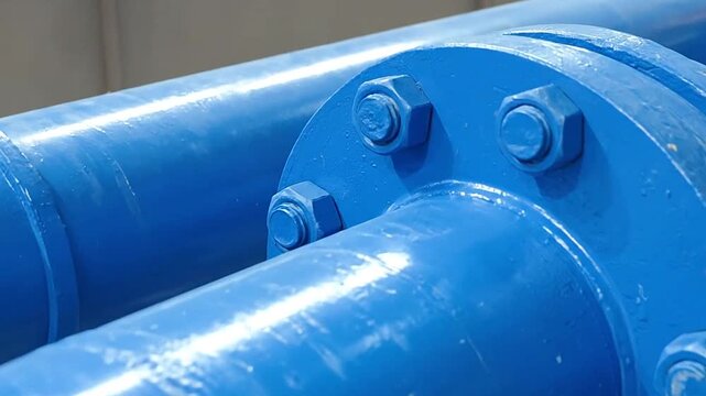 A close up view of blue industrial pipes with metal bolts