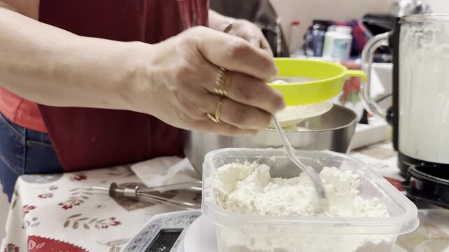 Female pastry chef hands sifting flour with a strainer in a bowl for a dessert preparation