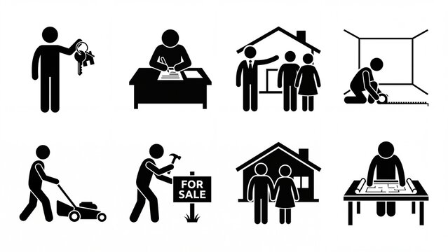 Collection of real estate stick figure icons illustrating property buying selling and home maintenance processes isolated on a white background