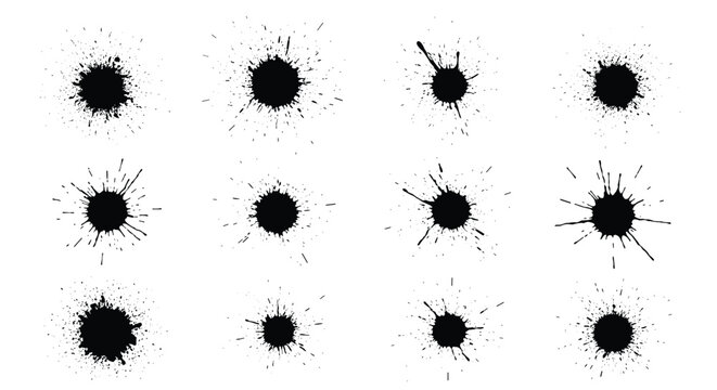 Collection of various black ink splatters and paint blots with messy drops for artistic textures or grunge design elements.