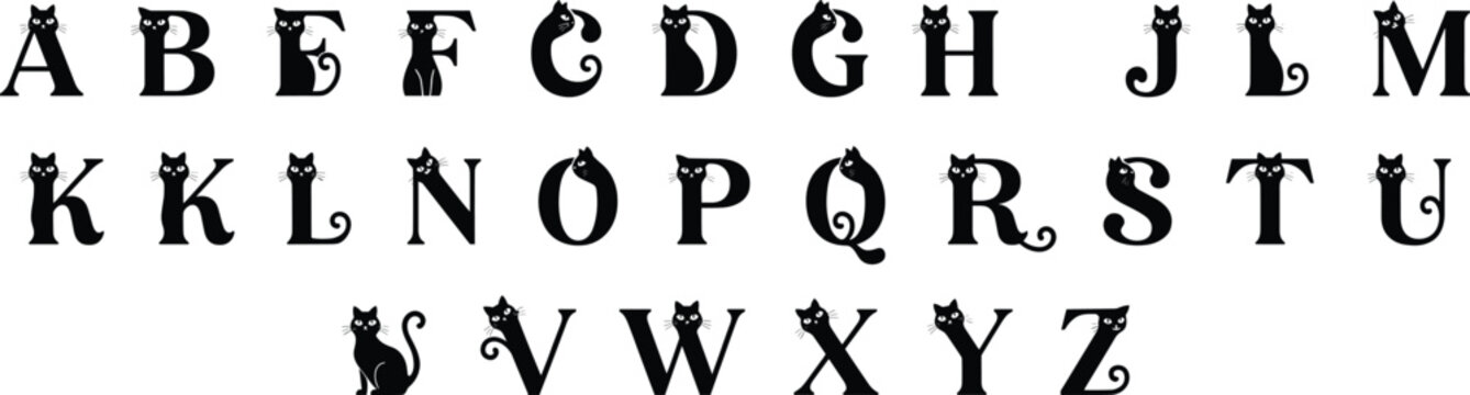 Black Cat Alphabet Letters A to Z Silhouette with Whimsical Design abcde fghij