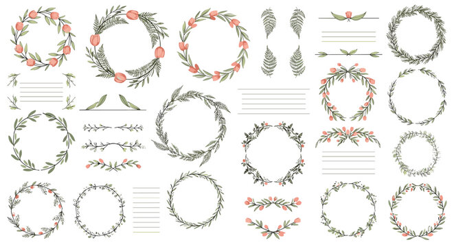 Delicate floral wreath and divider collection with pink roses and green leaves for wedding invitations and stationery design.