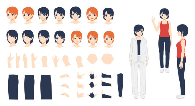 Anime character creation kit featuring various facial expressions hair colors hand gestures and clothing for custom illustration.