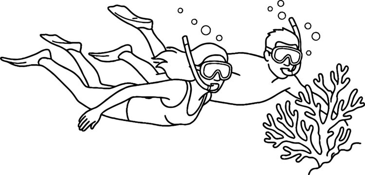 Two scuba divers exploring underwater coral reef together.