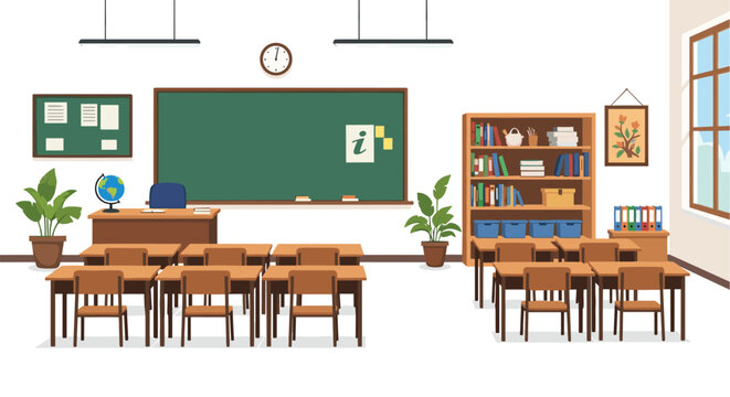 Clean and organized empty classroom interior featuring rows of desks a chalkboard and a bookshelf for educational themes.