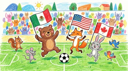 Fototapeta premium Happy animals play soccer, waving Mexico, USA, and Canada flags in a stadium