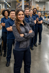 Fototapeta premium Diverse e-commerce fulfillment team standing in modern warehouse, led by confident female operations manager, surrounded by logistics staff, inventory coordinators, and shipping infrastructure.